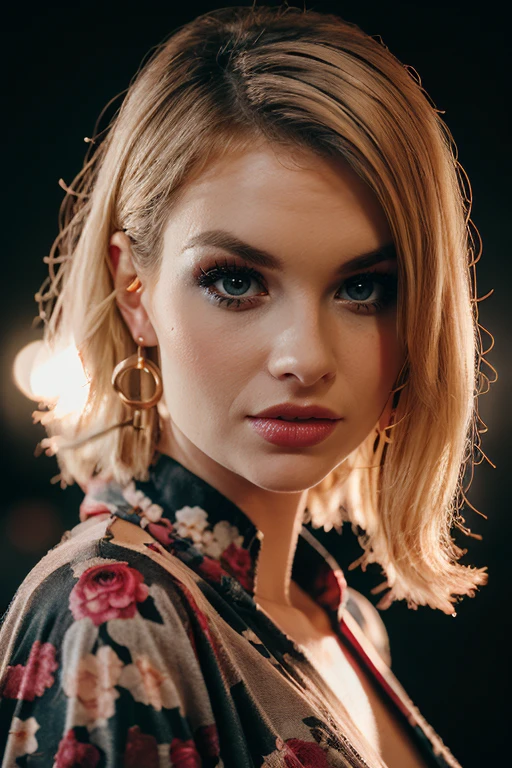 Beige chiffon kimono top with fringe trim and floral print a breathtaking analog beauty photography:1.3 of  a sexy woman  <lora:TarraWhite:1>, honey blonde hair:1, styled big curl shoulder long hair, looking at viewer,  high key lighting, fill lighting, atmospheric, (simple  background), High dynamic range, vivid, rich details, realistic, intense, enhanced contrast, highly detailed, 8k, 50mm prime lens, vignette, award-winning, professional, shot on ALEXA 65, shot on KODAK Ektar 100, in style of David La Chapelle:1.3, head shot, eye level