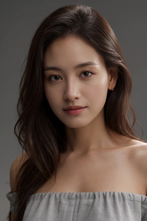 Create a (( mid-shot )) photorealistic image of a beautiful Asian woman with fair, smooth, flawless skin. She has large, round, sparkling eyes with naturally long and curled eyelashes, and well-defined, dark eyebrows. Her nose is straight and high, and her naturally pink, soft lips form a gentle smile. She has short, slightly curled brown hair that highlights her delicate facial features. Her face is oval-shaped, with a wide and high forehead, moderately high cheekbones, and a pointed, slender chin. (( waist to top)) ((wearing white open shirt and black bra)), (()), As she confidently posing for camera, , studio light, gray background, full body