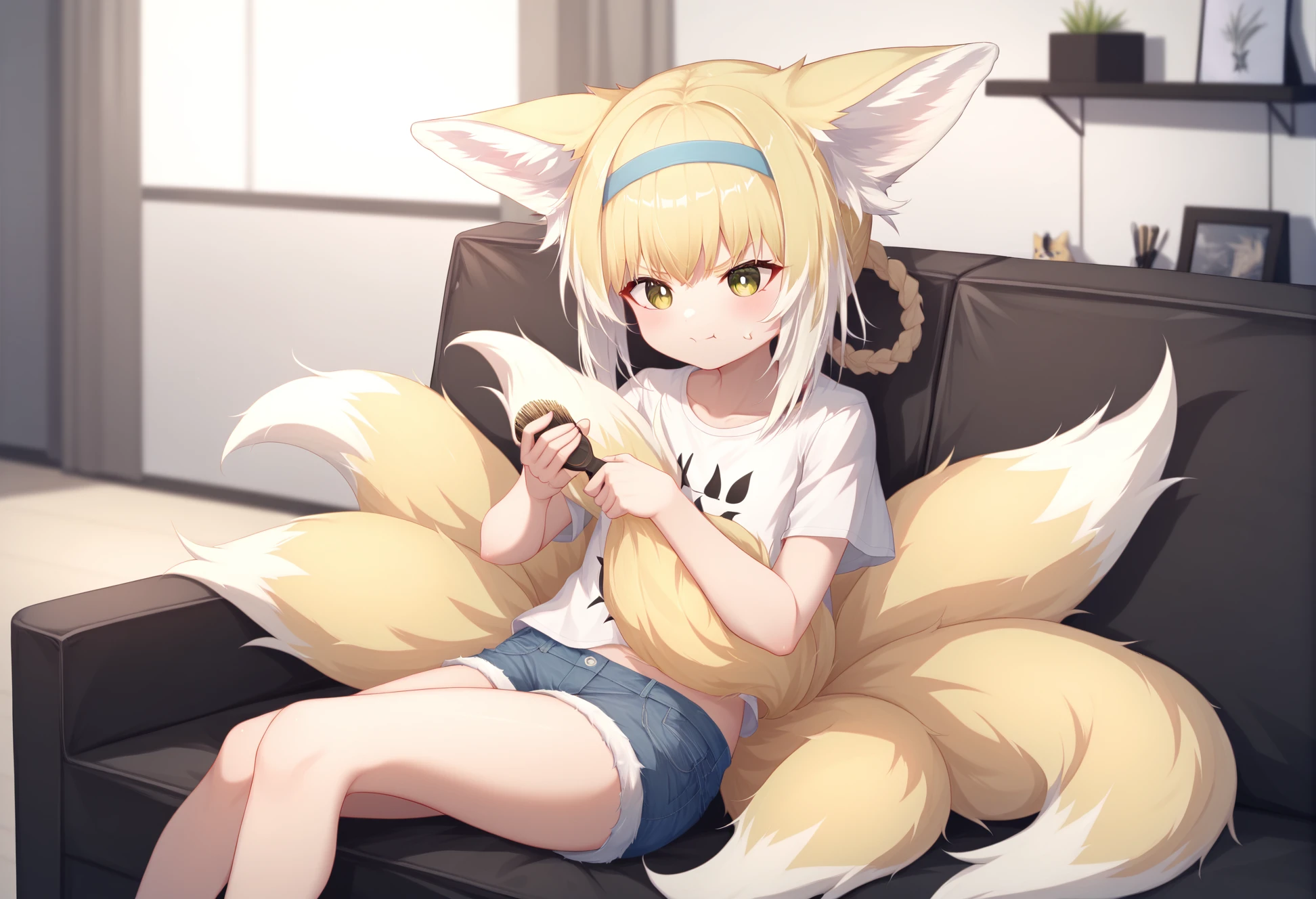 by ryosios , masterpiece, best quality
1girl, suzuran \(arknights\), fox girl, animal ear fluff, multiple fox tails, oripathy lesion \(arknights\), flat chest, blonde hair, hairband, kitsune, denim shorts, t-shirt, holding own tail, holding hairbrush, angry,
indoors, living room, sitting on couch
 <lora:4th_tail_extr_0.4.5_lyco_xl:1>