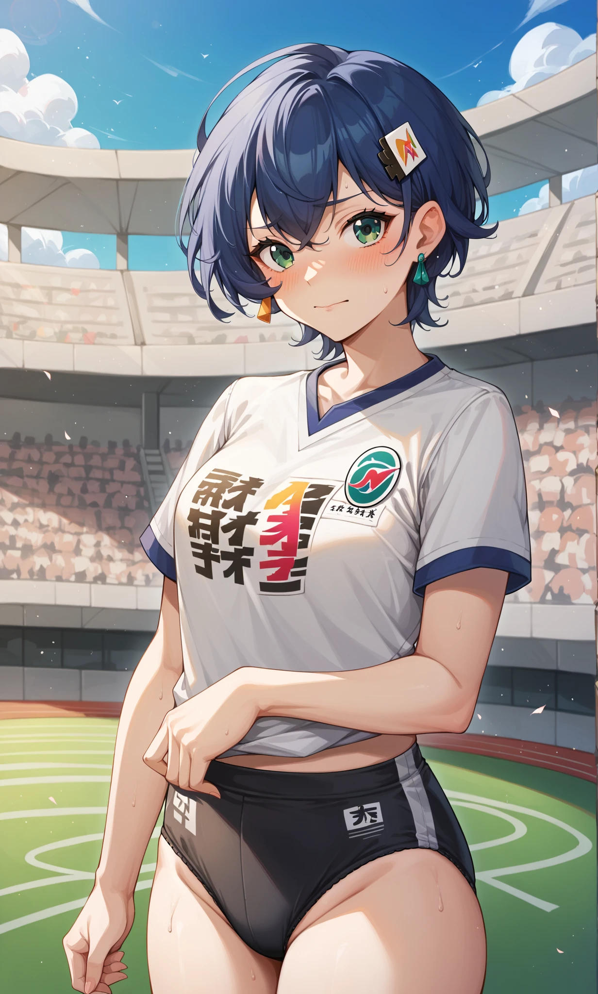 score_9, score_8_up, score_7_up, score_6_up, score_5_up, score_4_up, BREAK source_anime, 1girl, solo, outdoors, stadium, cowboy shot, standing, looking at viewer, belle, green eyes, blue hair, short hair, hair ornament, earring, white shirt, short sleeves, gym unifom, black buruma, sweat, embarrassed, blush 