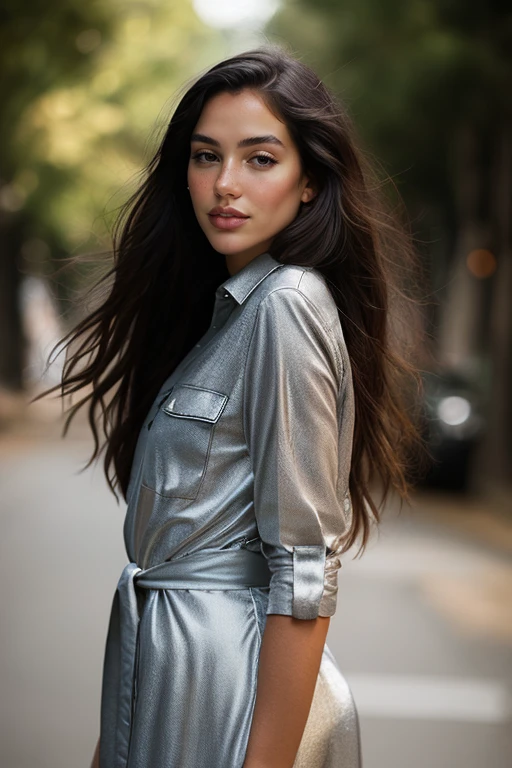 button-down shirt dress with knee-high boots a breathtaking fashion photo:1.3 of  a beautiful woman <lora:MarianaNunes:1>, brown eyes, black hair, long hair, realistic, freckles, portrait, looking at the viewer, fill lighting, atmospheric, (simple background), High dynamic range, vivid, rich details, realistic, intense, enhanced contrast, highly detailed, 8k, 35mm prime lens, award-winning, professional, official balmain editorial, style of Helmut Newton:1.3, upper body shot, fcDetailPortrait SkinHairDetail