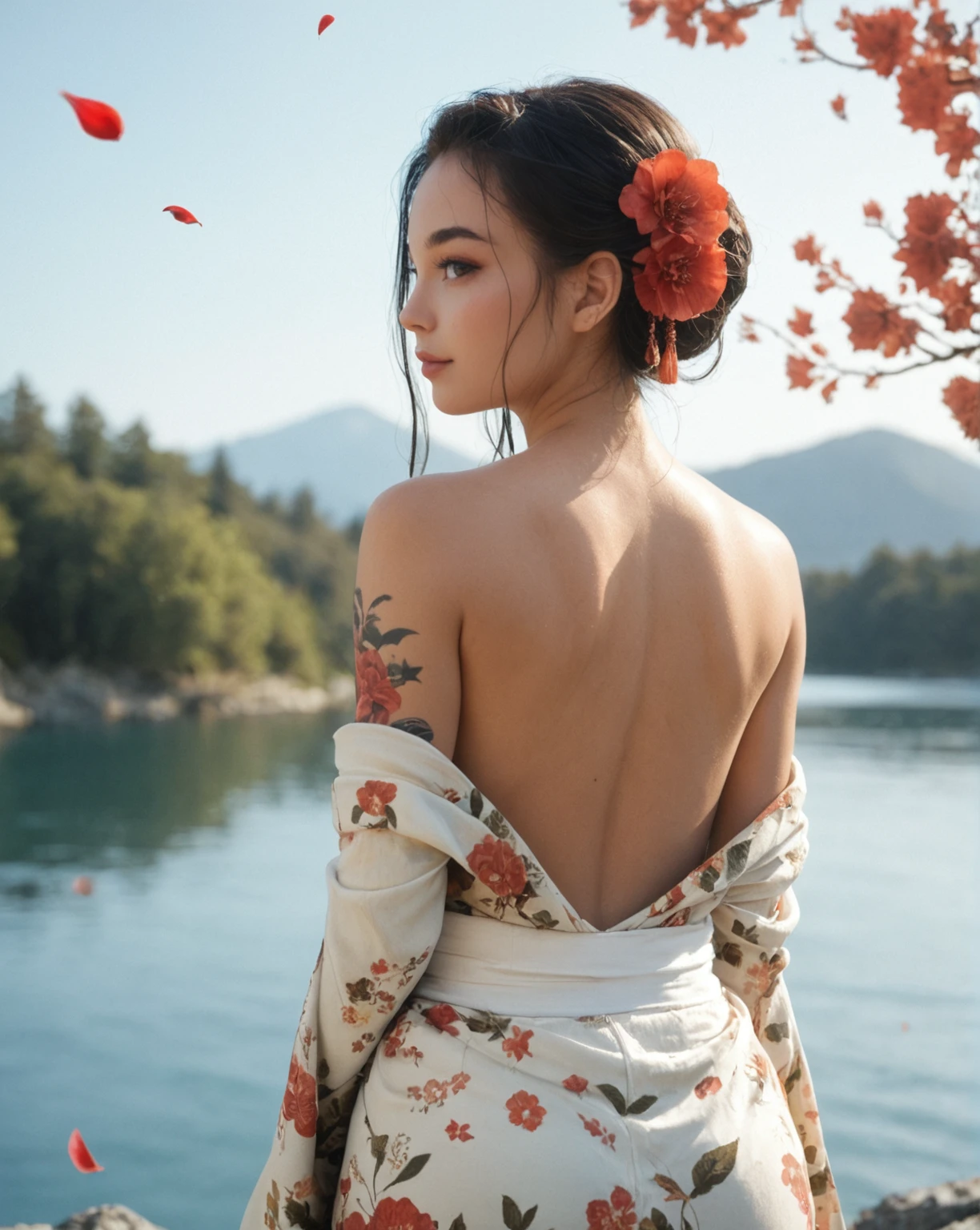 Japanese teenage girl, floral kimono, exposed shoulders, from behind, beautiful face, thick eyelashes, glossy eyes, black hair, cute smile, dark eyeshadow, shoulders tattoos, back tattoos, floral decoration in hair, falling petals, beautifully backlit, wideshot, lake background, score_9, score_8_up, score_7_up, score_6_up