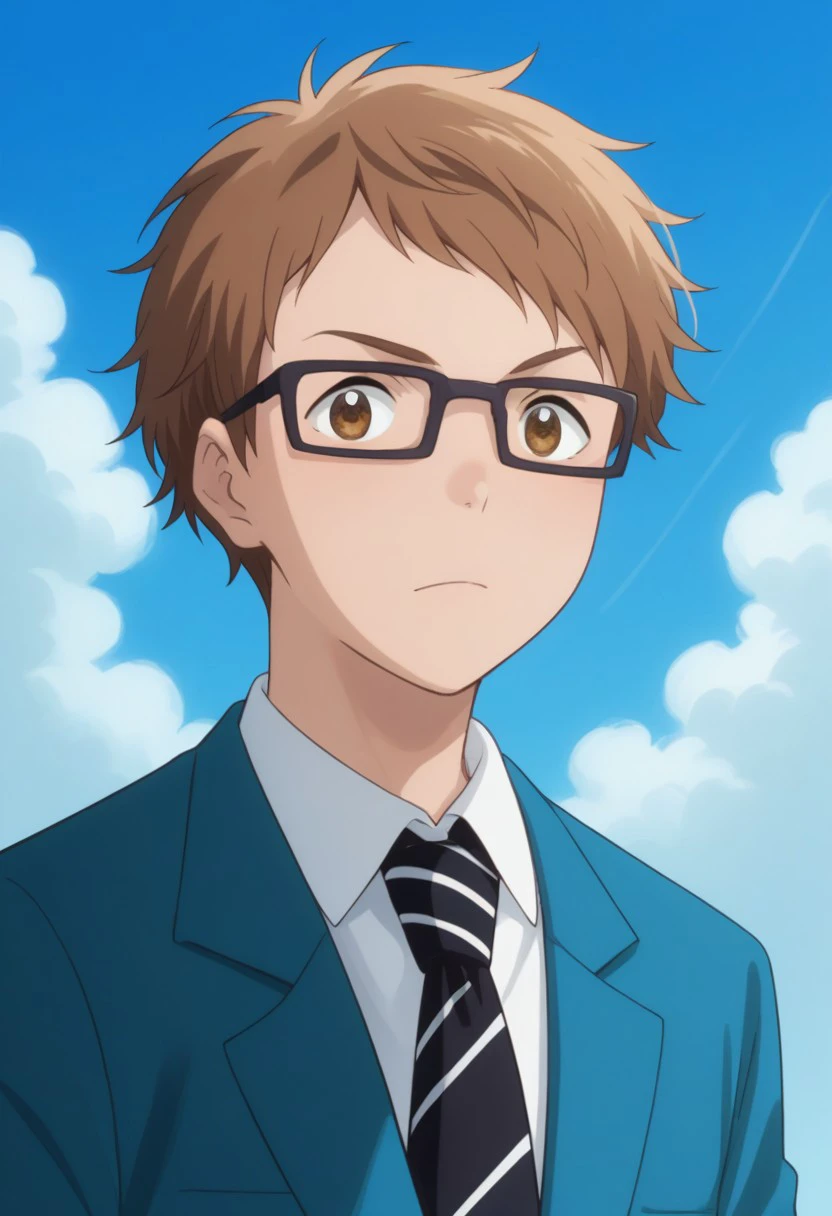 score_9, score_8_up, score_7_up, source_anime, highly detailed, 
toma, 1boy, male focus, glasses, school uniform, necktie, brown hair, brown eyes,
solo, jacket striped blazer, striped necktie, upper body
outdoor, sky,