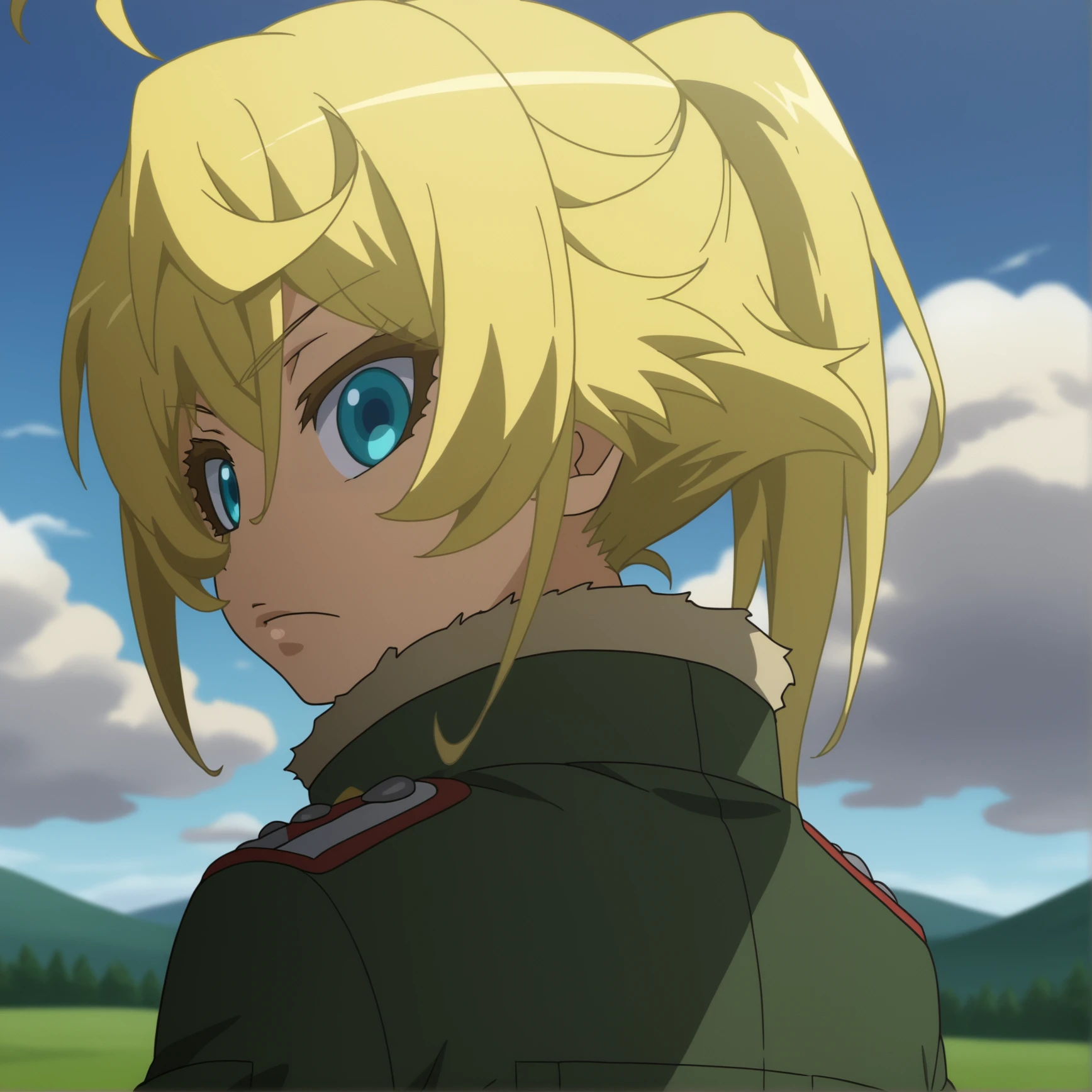 <lora:Tanya_Degurechaff:0.8>, outdoors, Tanya Degurechaff, 1girl, solo, looking at viewer, closed mouth, jacket, outdoors, sky, looking back, cloud, uniform, fur trim, military, military uniform, cloudy sky, portrait, anime coloring