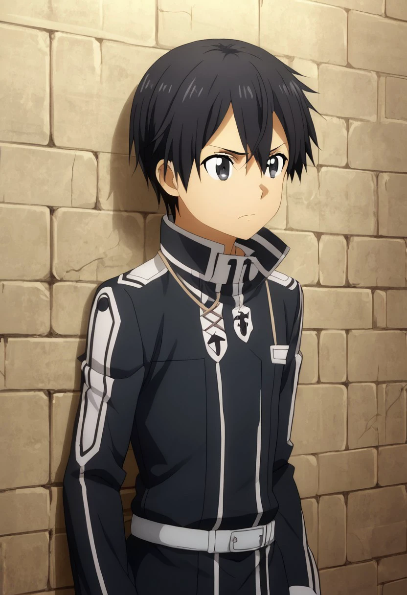 high resolution, solo, best quality, 1Boy, Kazuto Kirigaya, Black Hair, Black Eyes, Both hands on wall, leaning in, commanding, intense,