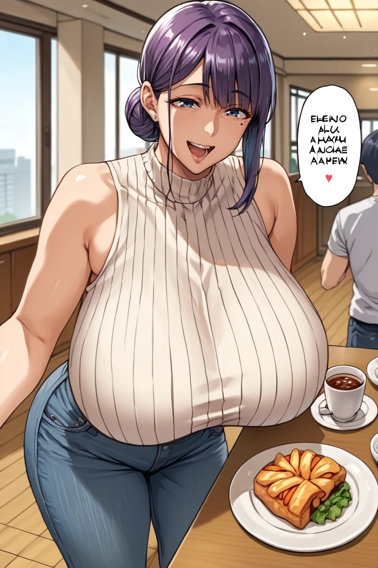 score_9, score_8_up, score_7_up, score_6_up, source_animekujo yukie,, breasts,, purple hair, 1girl, sleeveless, huge breasts, pants, bare shoulders, , hair bun, , food, plate, mole, mature female, table, bangs, mole under eye, open mouth, ribbed shirt, cup, single hair bun, indoors, sidelocks, denim, jeans, speech bubble, holding, pov, smile<lora:EMS-420370-EMS:1.000000>