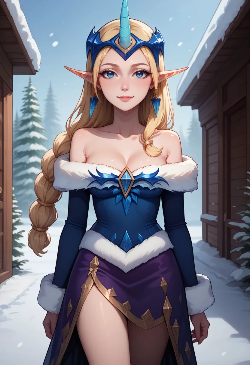 masterpiece, best quality, crystal maiden, 1girl, young, upper body, portrait,   illustration, blue eyes, (areola slip:1.3, ) blue hooded cloak, blue dress,  sexy, long blonde hair, medium breasts,  winter, ((night:1.5, night sky,  stars)) forest, bare neck, looking at viewer, serious, strong look,  narrow waist, standing, <lora:CrystalMaidenv0.2:0.5> <lora:areola_slipConv2D2.5e-5_BF16:0.3>
