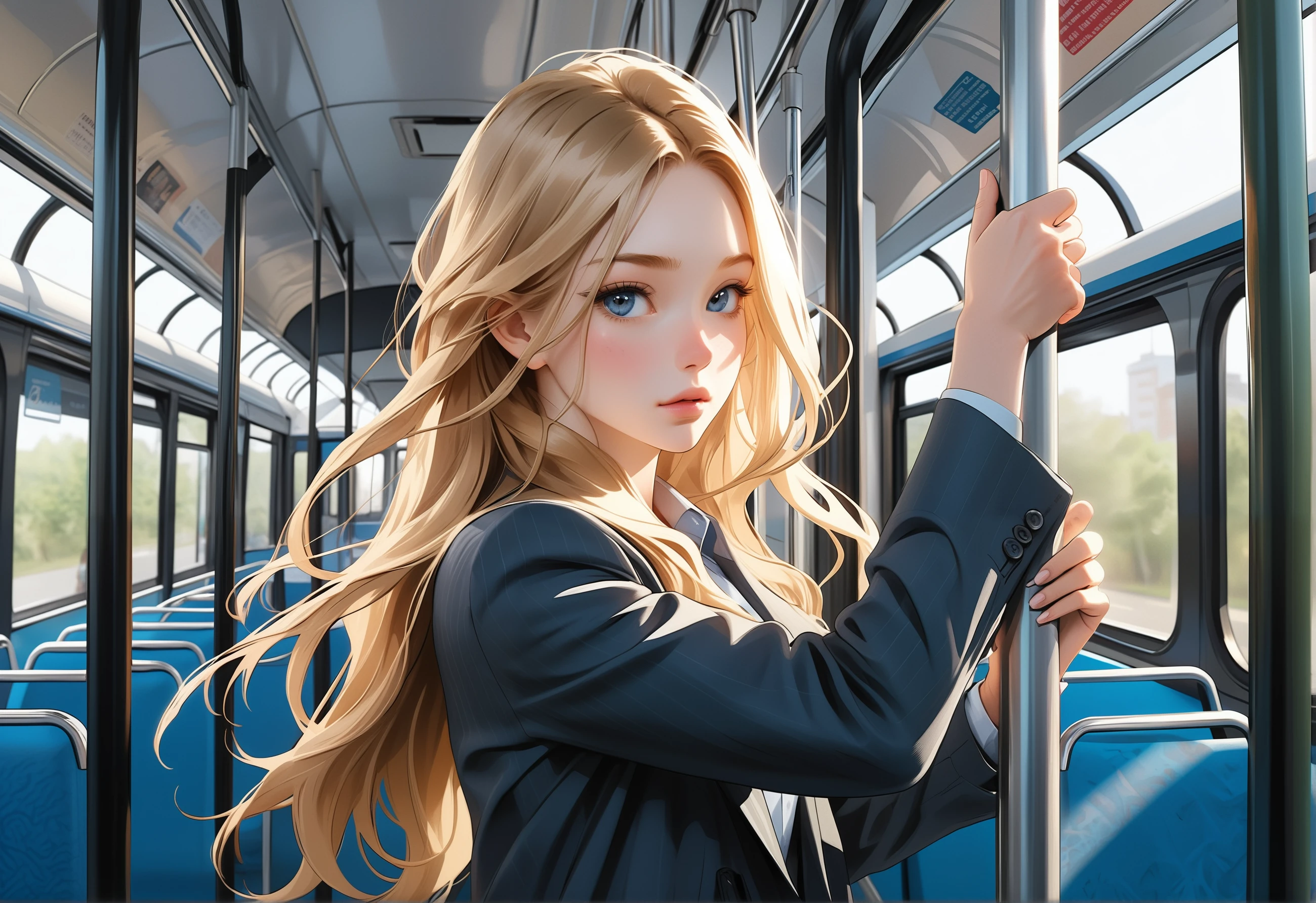 The woman in the photo is holding onto a vertical metal pole with right hand on the bus, she has long blonde hair