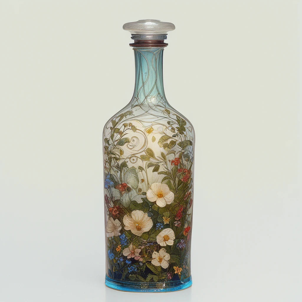core_9, score_8_up, score_7_up, score_6_up, Bottle, Clear white background, flowers, intricate design,((Art Noveau)), ArsMJStyle, <lora:ArsMJStylePony_-_Art_Nouveau-000009:1>