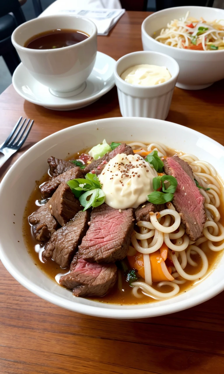 Cinematic camera perspective, delicious and tempting California beef noodles close up, restaurant background,