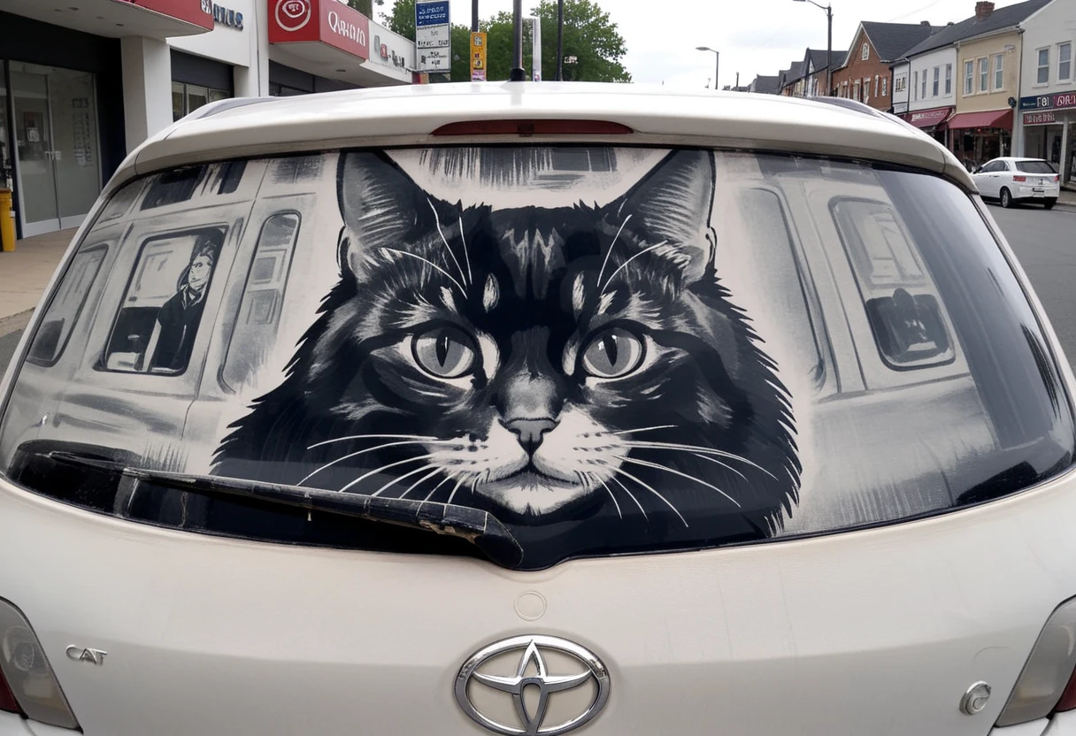 hud_drty_c4r_4rt, car, vehicle focus, car window BREAK traditional media, monochrome, cat, <lora:carart-000006:0.7>