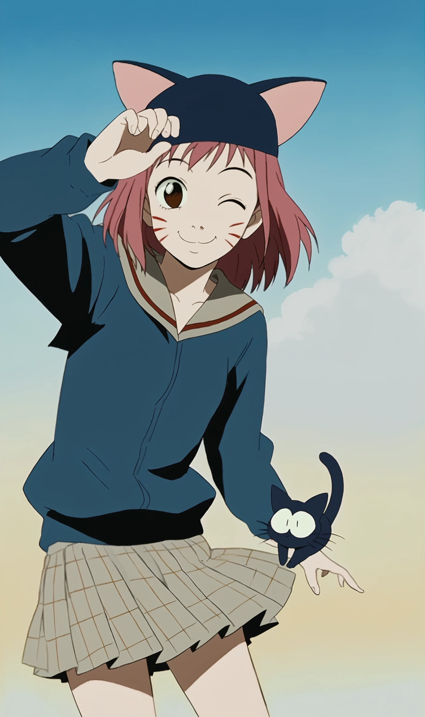 MS, 1girl, solo, retro artstyle, short hair, pink hair, brown eyes, sailor collar, blue long sleeve school shirt, grey plaid skirt, smile, looking at viewer, wink, cat ear hat, whisker markings, blue cat, outside, blue sky, clouds,<lora:Mamimi Samejima Pony XL:0.8>