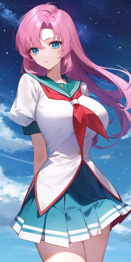 <lora:UtenaV2:0.7> utenatenjou, huge_breasts, standing, solo, arms_behind_back, starry_sky,  white_shirt_puffy_short_sleeves_green_sailor_collar_layered_skirt_green_skirt_white_skirt_pleated_skirt_red_neckerchief, masterpiece, best_quality, detailed_face, detailed_eyes, highres, beautiful, detailed, absurdres,