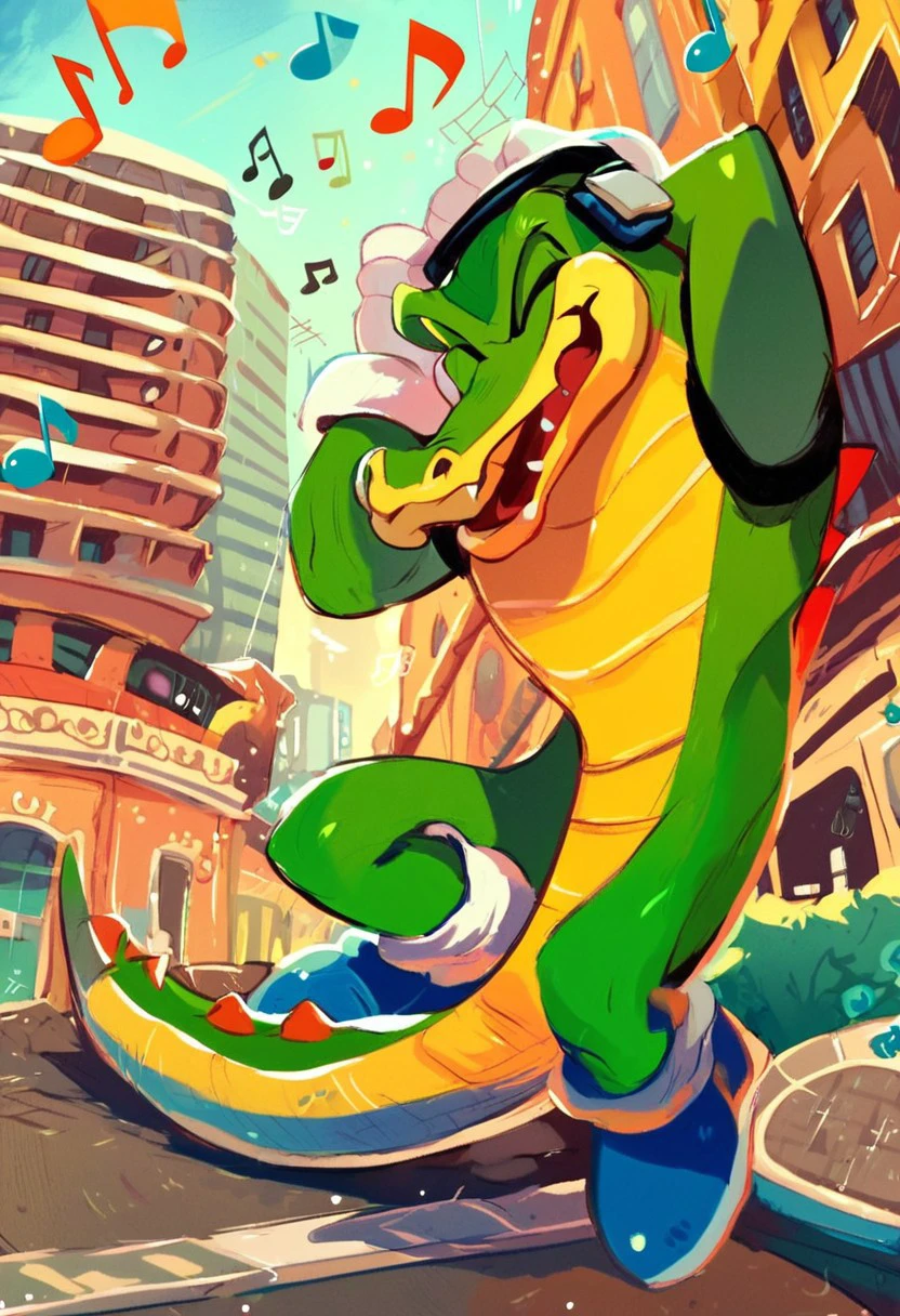 score_9, score_8_up, score_7_up, score_6_up, Vector the crocodile, classic vector, headphones, city street, happy, solo, male, music note