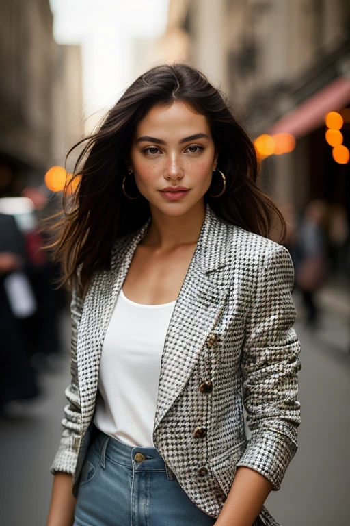 checkered blazer with mom jeans and ankle booties a breathtaking fashion photo:1.3 of  a beautiful woman <lora:MarianaNunes:1>, brown eyes, black hair, long hair, realistic, freckles, portrait, looking at the viewer, fill lighting, atmospheric, (simple background), High dynamic range, vivid, rich details, realistic, intense, enhanced contrast, highly detailed, 8k, 35mm prime lens, award-winning, professional, official balmain editorial, style of Helmut Newton:1.3, upper body shot, fcDetailPortrait SkinHairDetail