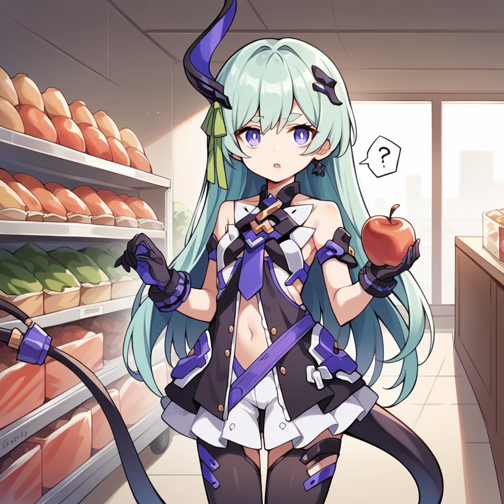 score_9_up, score_8_up, score_7_up, score_6up, source_anime, 1girl, solo, Liliya, Lili_Purple, sun light, shadow, cart, holding apples in both hands, confused curious, looking at you, open mouth,  long hair, tail, blue hair, thick eyebrows, single horn, asymmetrical horns, sleeveless dress, open dress, navel, purple necktie, black thighhighs, green ribbon, black gloves, dynamic cowboy shot, indoors, supermarket background,