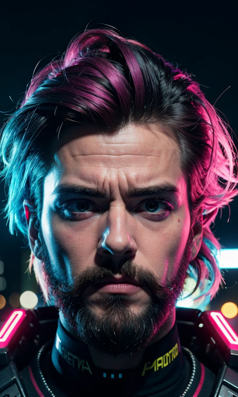 Cinematography perspective, Facial close-up, 80's cyberpunk hack man, Beard, Colorful hair, armor, Neon city background,