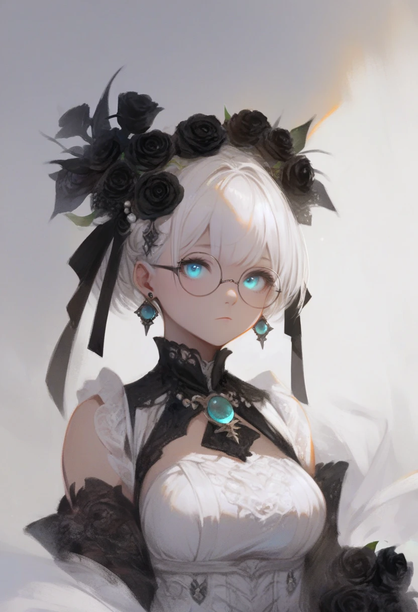score_9, score_8_up, score_7_up, score_6_up, <lora:RECXL_P6_lokr_V43P1NF:0.95> 1girl, hair ornament, solo, short hair, glasses, white background, round eyewear, looking at viewer, flower, white hair, simple background, hair flower, upper body, jewelry, black flower, earrings, closed mouth, black rose, rose, aqua eyes, black ribbon, ribbon, blue eyes, breasts, hair ribbon, expressionless, dress