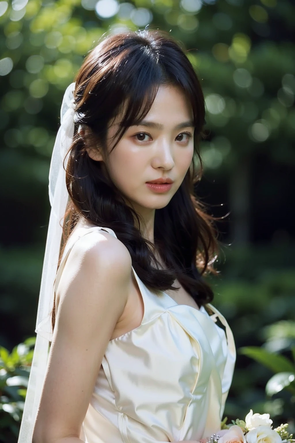 Best quality, masterpiece, ultra high res, (photorealistic), raw photo,1girl, upper body,solo, realistic, looking at viewer, long hair, bokeh background, forest, wedding dress, <lora:makina69_songhyekyo_v1.0:1>