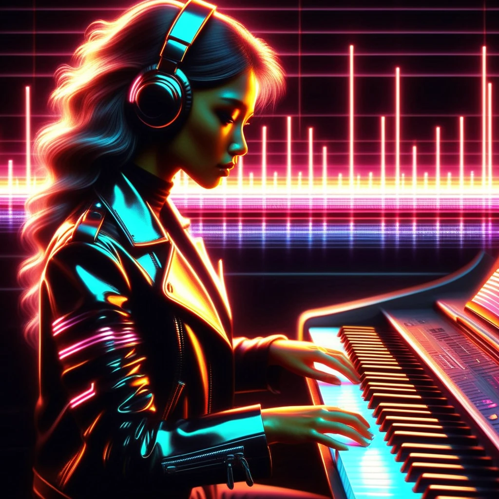 woman playing keyboard, neon, soundwaves, cool, realistic, music, album cover, abf_cover <lora:ABF_AlbumCover_2:1.1>, realistic,  <lora:add-detail-xl:.4>