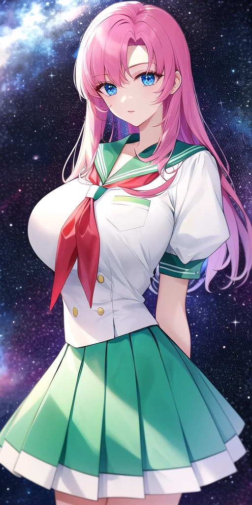 <lora:UtenaV3:0.7> utenatenjou, huge_breasts, standing, solo, arms_behind_back, starry_sky,  white_shirt_puffy_short_sleeves_green_sailor_collar_layered_skirt_green_skirt_white_skirt_pleated_skirt_red_neckerchief, masterpiece, best_quality, detailed_face, detailed_eyes, highres, beautiful, detailed, absurdres,