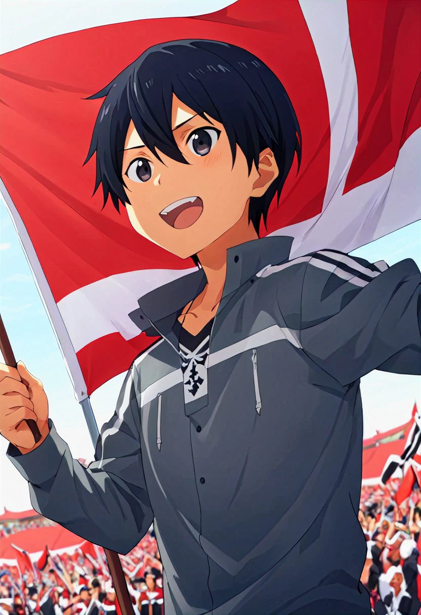 high resolution, solo, best quality, 1Boy, Kazuto Kirigaya, Black Hair, Black Eyes, Holding Indonesian flag, joyful, patriotic, spirited,