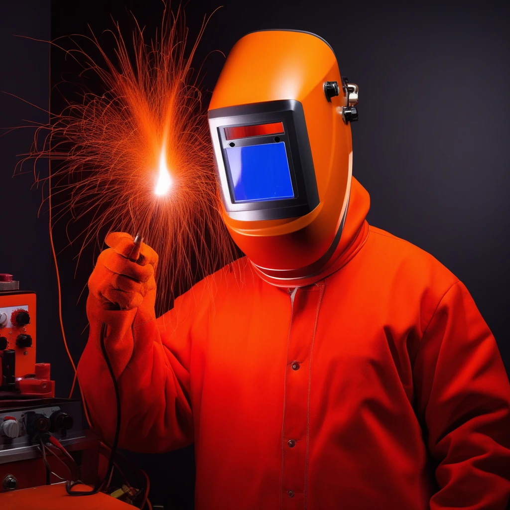 man in an orange welder_mask on his head holds an electrode holder in his raised hand above his head, a bright electric arc burns at the end of the electric gas burner,