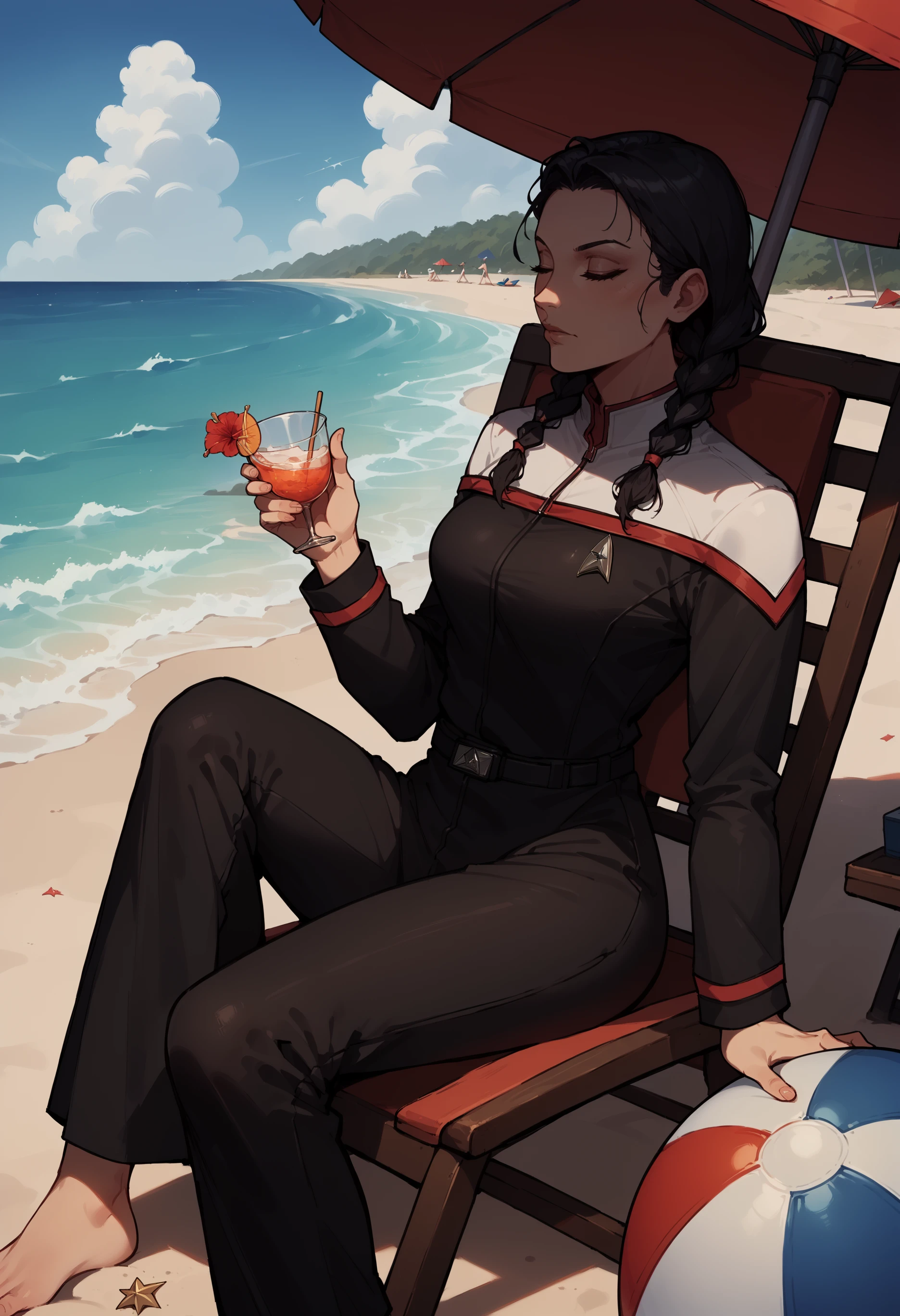 core_9, score_8_up, score_7_up, score_6_up, 1girl,relaxing,sitting,chair,beach,beachball,water,sand,waves,umbrella,black hair,twin braids,
stoddunf,star trek uniform,black jumpsuit,white shoulders
,<lora:STOdysPony>