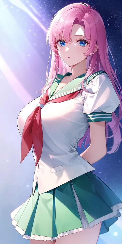 <lora:UtenaV2:0.7> utenatenjou, huge_breasts, standing, solo, arms_behind_back, starry_sky,  white_shirt_puffy_short_sleeves_green_sailor_collar_layered_skirt_green_skirt_white_skirt_pleated_skirt_red_neckerchief, masterpiece, best_quality, detailed_face, detailed_eyes, highres, beautiful, detailed, absurdres,