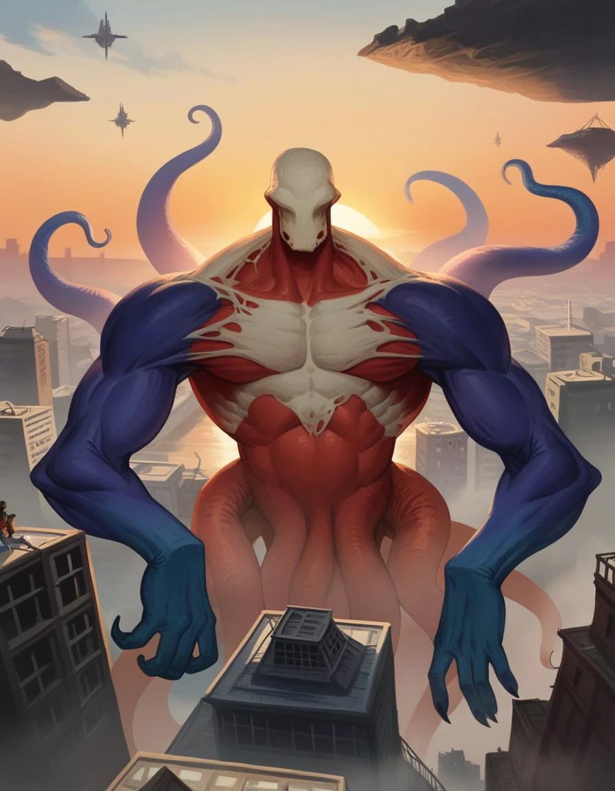 eldrazi, ulamog, extra arms, tentacles, faceless, score_9, score_8_up, score_7_up, rating_safe, high angle, cityspace, sunset, fog, overcast, giant