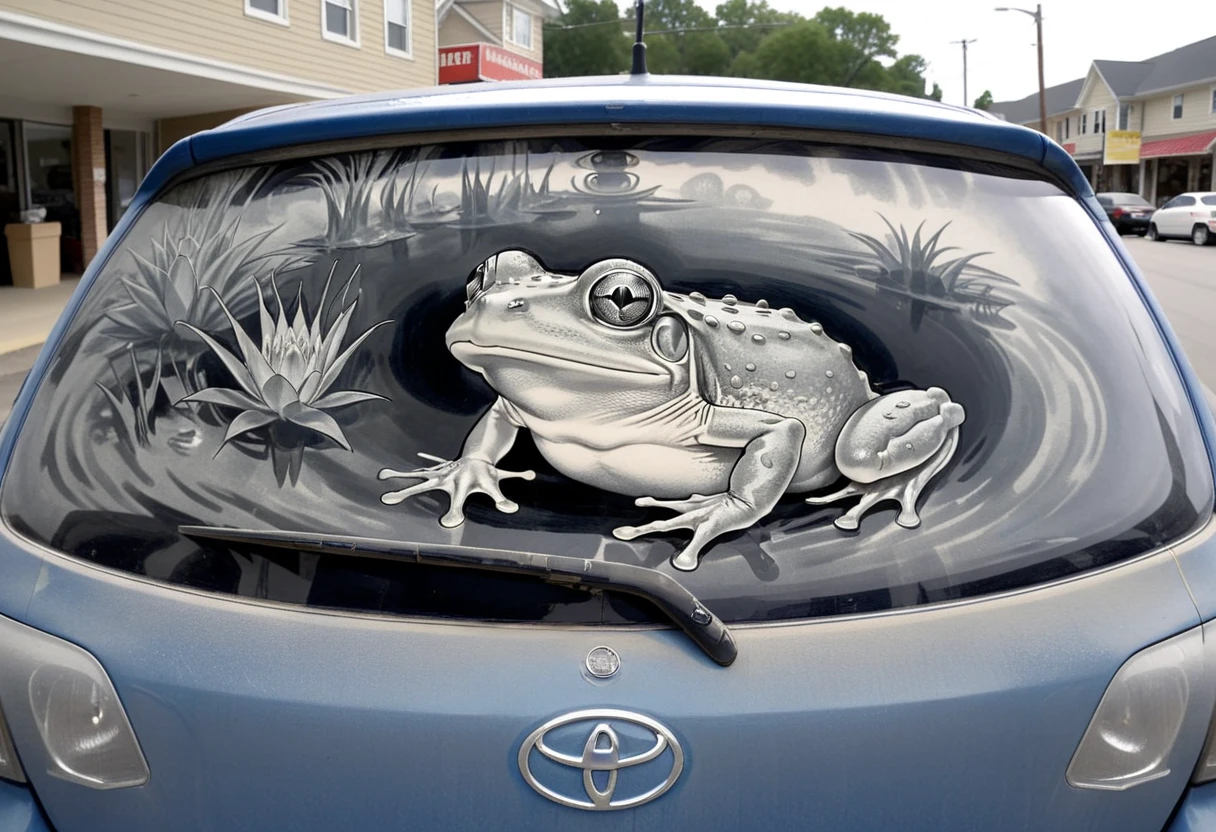 hud_drty_c4r_4rt, blue car, vehicle focus, car window BREAK traditional media, monochrome, woman, frog, psychedelic, v, <lora:carart-000006:0.7>