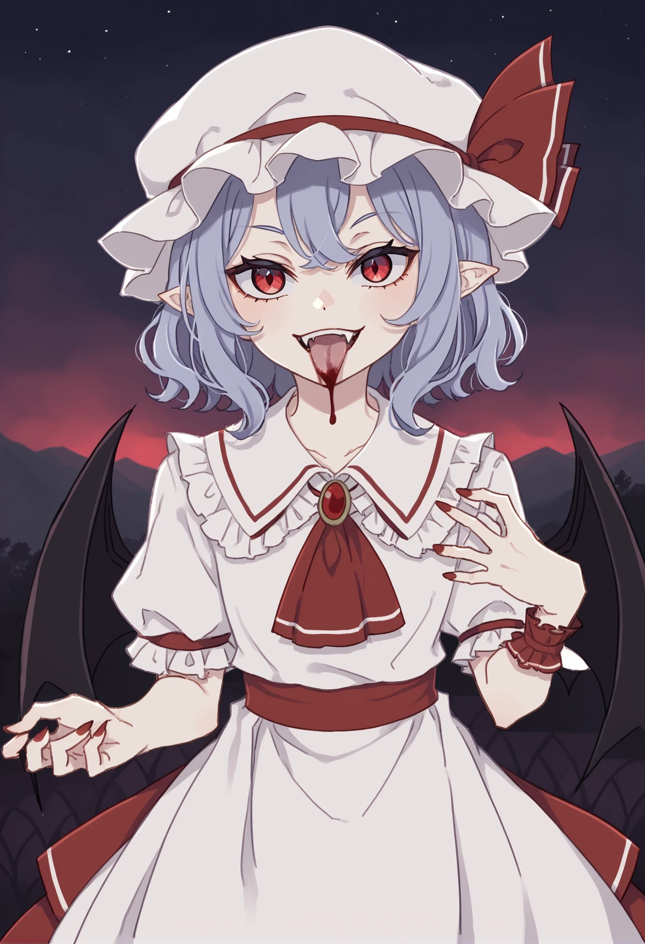 by ushiyama ame, by kame \(kamepan44231\),  masterpiece, best quality,
1girl, remilia scarlet, ascot, bat wings, collared shirt, fangs, pointy ears,  frills, [blue|gray] hair, jewelry, mob cap, puffy sleeves, cowboy shot, licking blood, vampire, evil smile,
outdoors, night landscape
 <lora:4th_tail_extr_0.4.5_lyco_xl:1>