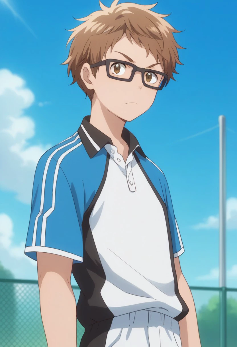 score_9, score_8_up, score_7_up, source_anime, highly detailed, 
toma, 1boy, male focus, solo, glasses, brown hair, sportswear, upper body,
looking at viewer, standing, brown eyes, tennis uniform, white shirt, blue shirt, raglan sleeves
outdoor, sky,