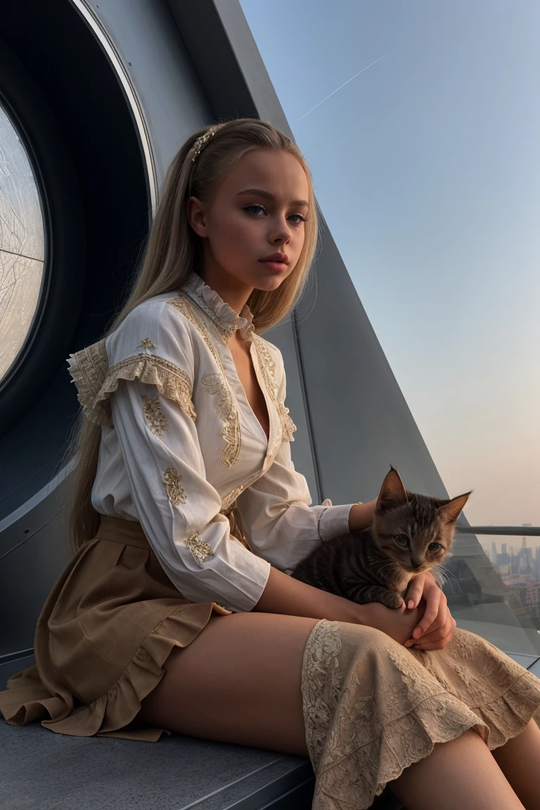(Close-up:1.3) Tower13_Estelle (Surprised:1.4) (skinny, slim, slender, narrow waist:1.3)BREAK (Wearing Camel Hair Lace frilled shirt paired with a high-waisted embroidered long skirt and kitten heels:1.3) BREAK (At a Space Ship in in Milano:1.3) (((insanely detailed and intricate, character, hypermaximalist, hyper realistic, super detailed)))<lora:exposure_control_v10:-0.3> <lora:more_details:0.3>