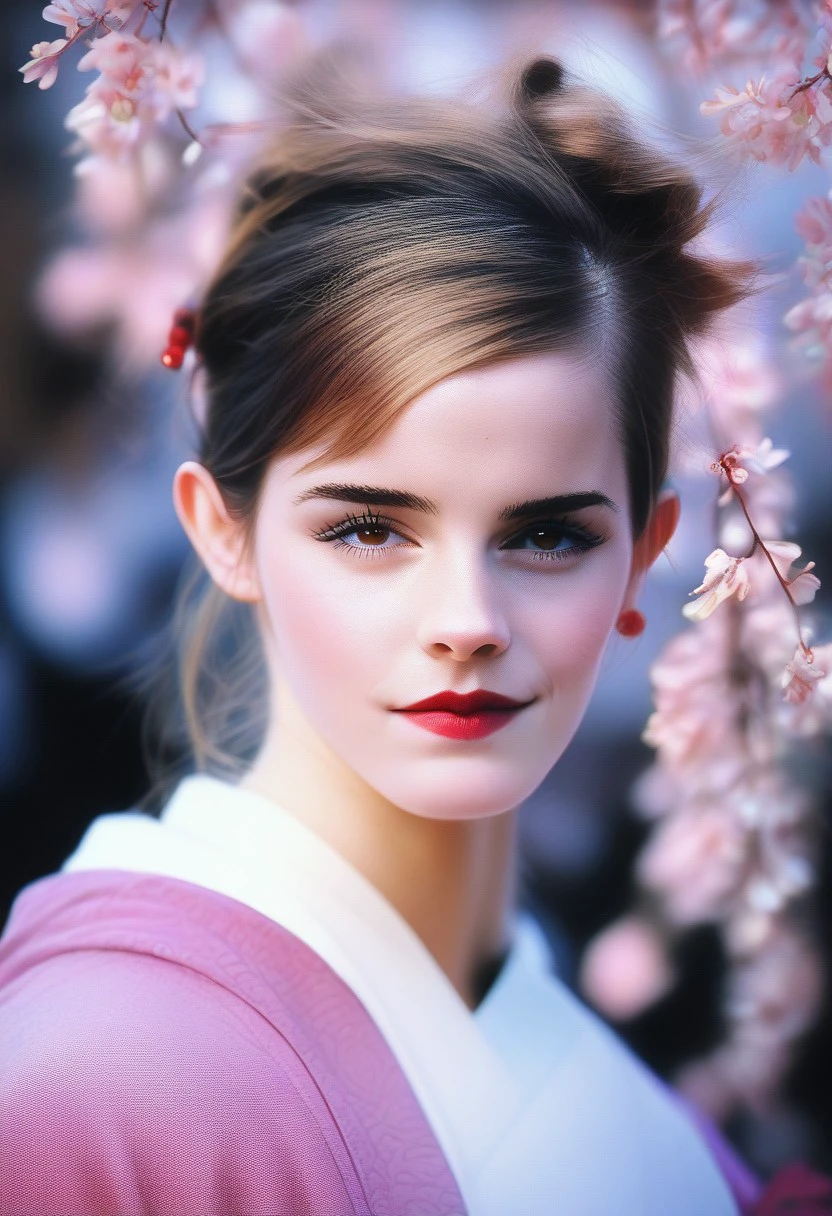 score_9, score_8_up, score_7_up, score_6_up, realistic, face of a woman dressed in a long kimono, bakcground a cherry blossom,emxwatson,