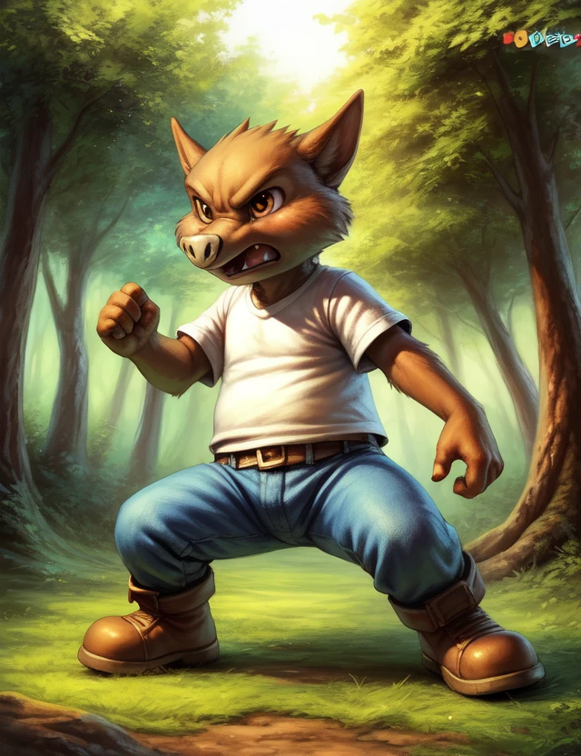 <lora:AchilleFoFriN:1> AchilleFoFriN, boar ,  blue jeans, white shirt, boots,  (fighting stance, angry pose)
Male, Detailed multicolored skin, ( solo), [day, forest, trees, meadows, grass, clouds,] 
(beautiful, aesthetic, perfect, delicate, intricate), masterpiece, digital drawing, best quality, AS-YoungerV2:0.6, AS-YoungestV2:0.5,
[by kenket|by totesfleisch8], by thebigslick:by silverfox5213:0.8], [by syuro, by paloma-paloma::0.2, (Tricksta, TotesFleisch8)