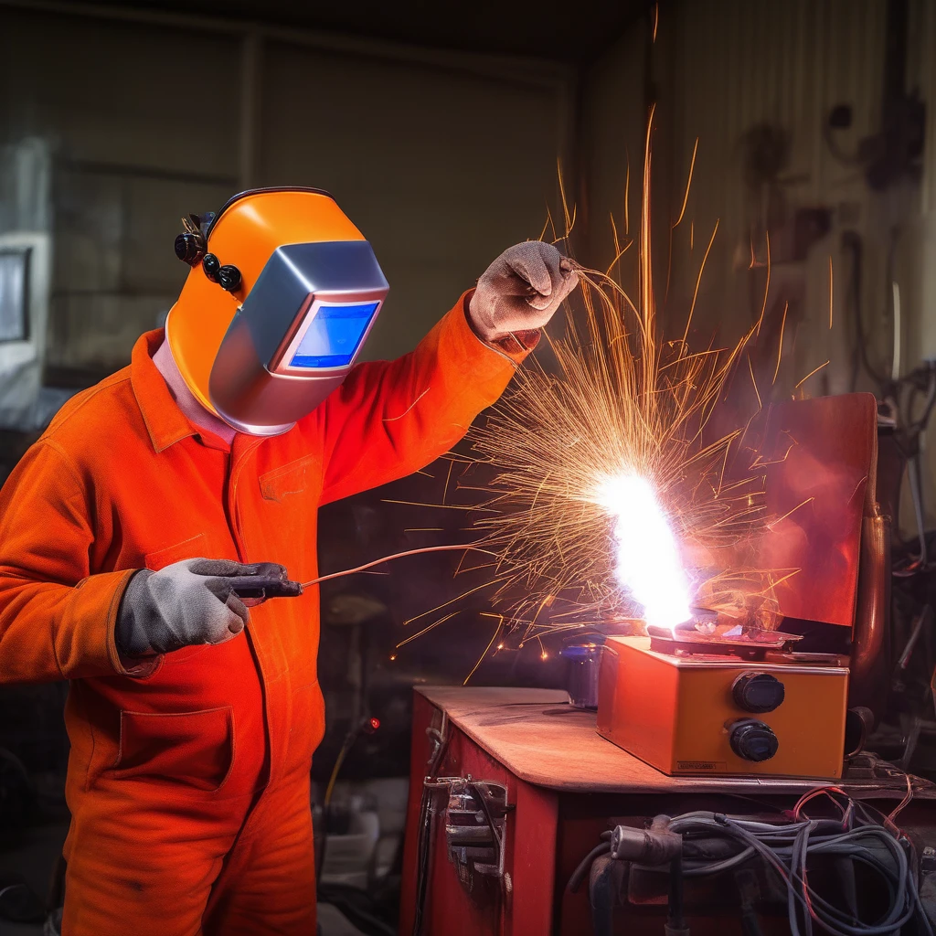 man in an orange welder_mask on his head holds an electrode holder in his raised hand above his head, a bright electric arc burns at the end of the electric gas burner,