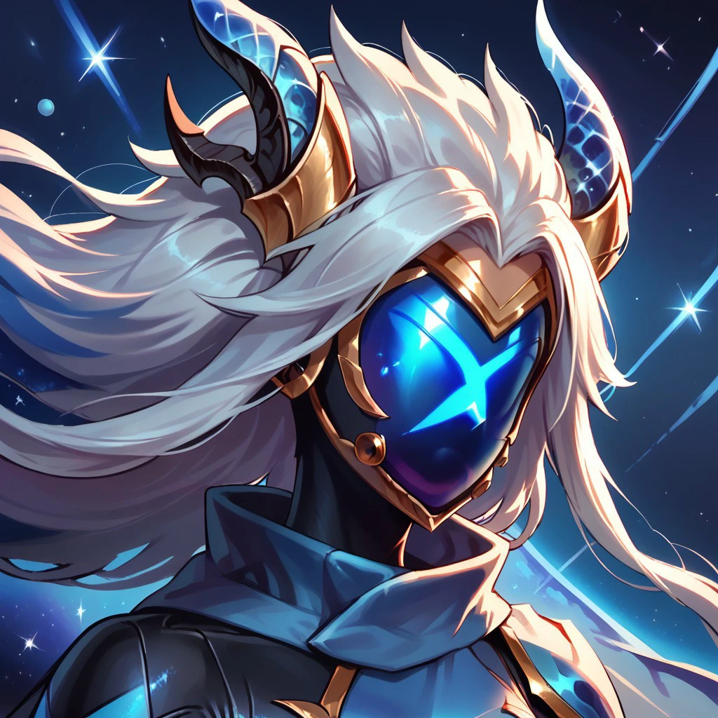 score_9, score_8_up, score_7_up, ultra quality, dutch angle,  smooth outlines, solo, 1girl, Drxkin, dragon horns, long hair, white hair, multicolored bodysuit, black bodysuit, blue bodysuit, scarf, shoulder cape, x shape helmet, mask, faceless, detailed, portrait, nebula, space