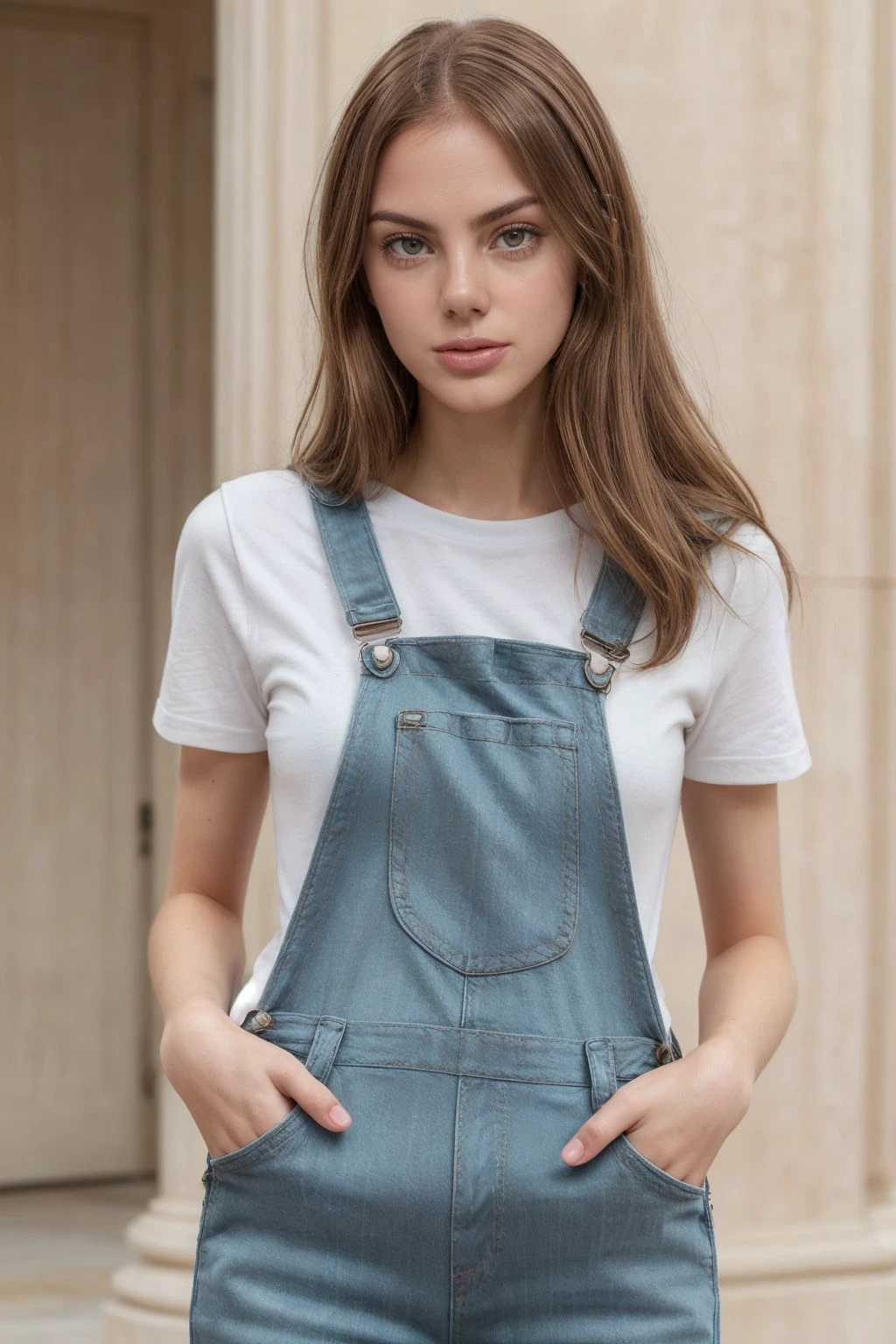 close up portrait of KateD, a woman, (((green eyes, light brown hair))), solo, wears an ((overalls)), long_hair, white_background, realistic, full_body, shoes, lips, smile, standing, looking_at_viewer, hands_in_pockets
<lora:add_detail:0.5> <lora:polyhedron_all_eyes:0.2>