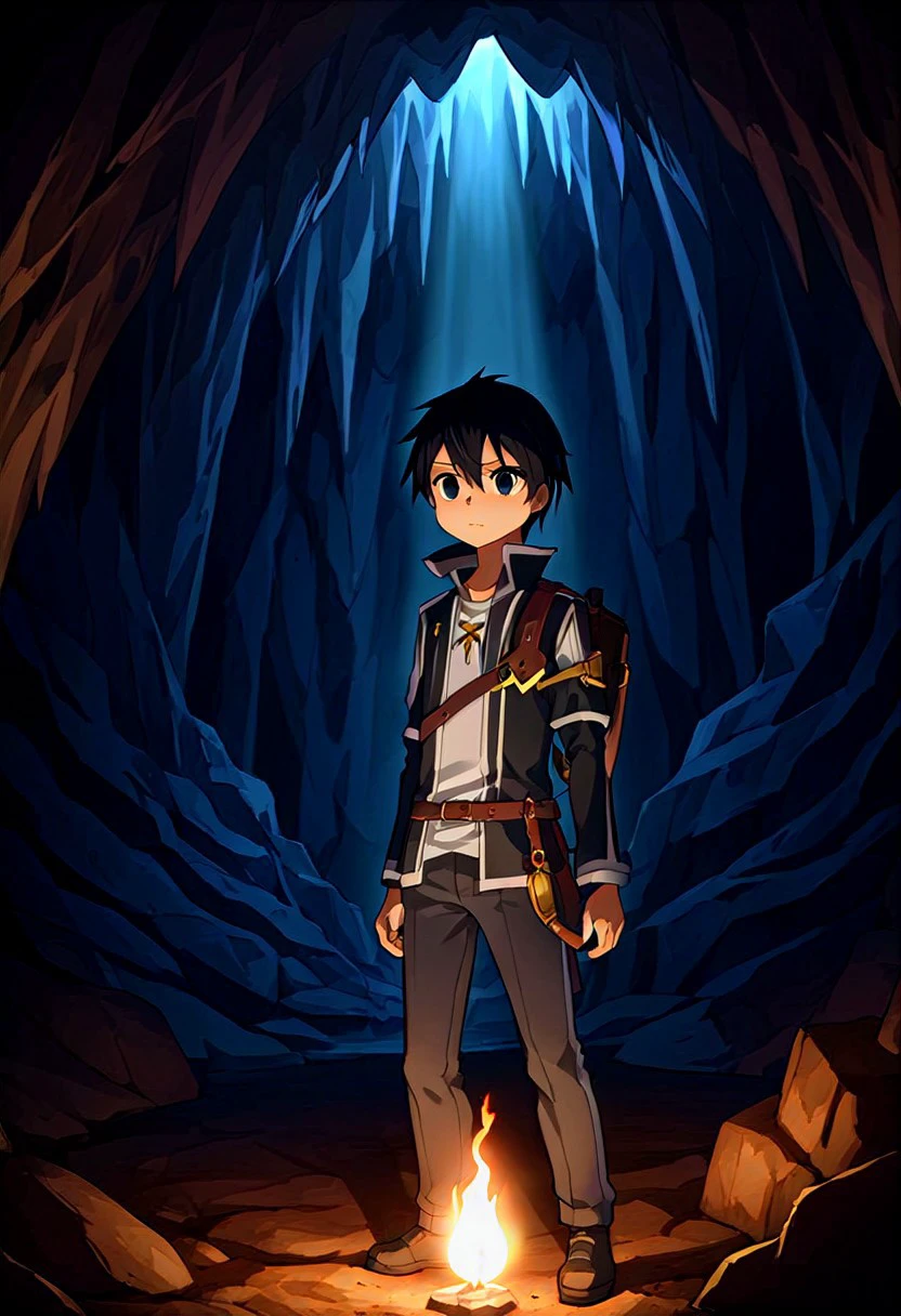 high resolution, solo, best quality, 1Boy, Kazuto Kirigaya, Black Hair, Black Eyes, Underground cave, torchlight, echoes, discovery,