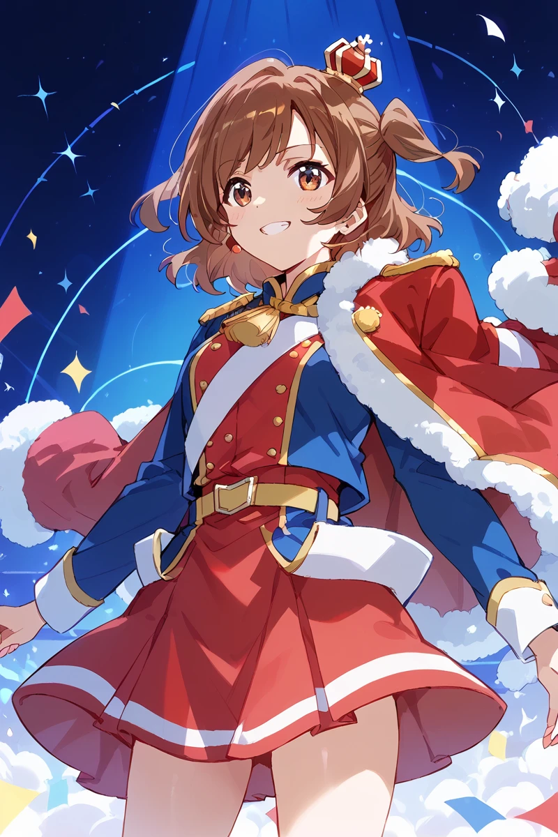 score_9, score_8_up, score_7_up, score_6_up, 1girl,
 <lora:Karen_Aijo:0.9> karen, brown hair, stage outfit, mini crown, jacket on shoulder, red skirt, color lights,