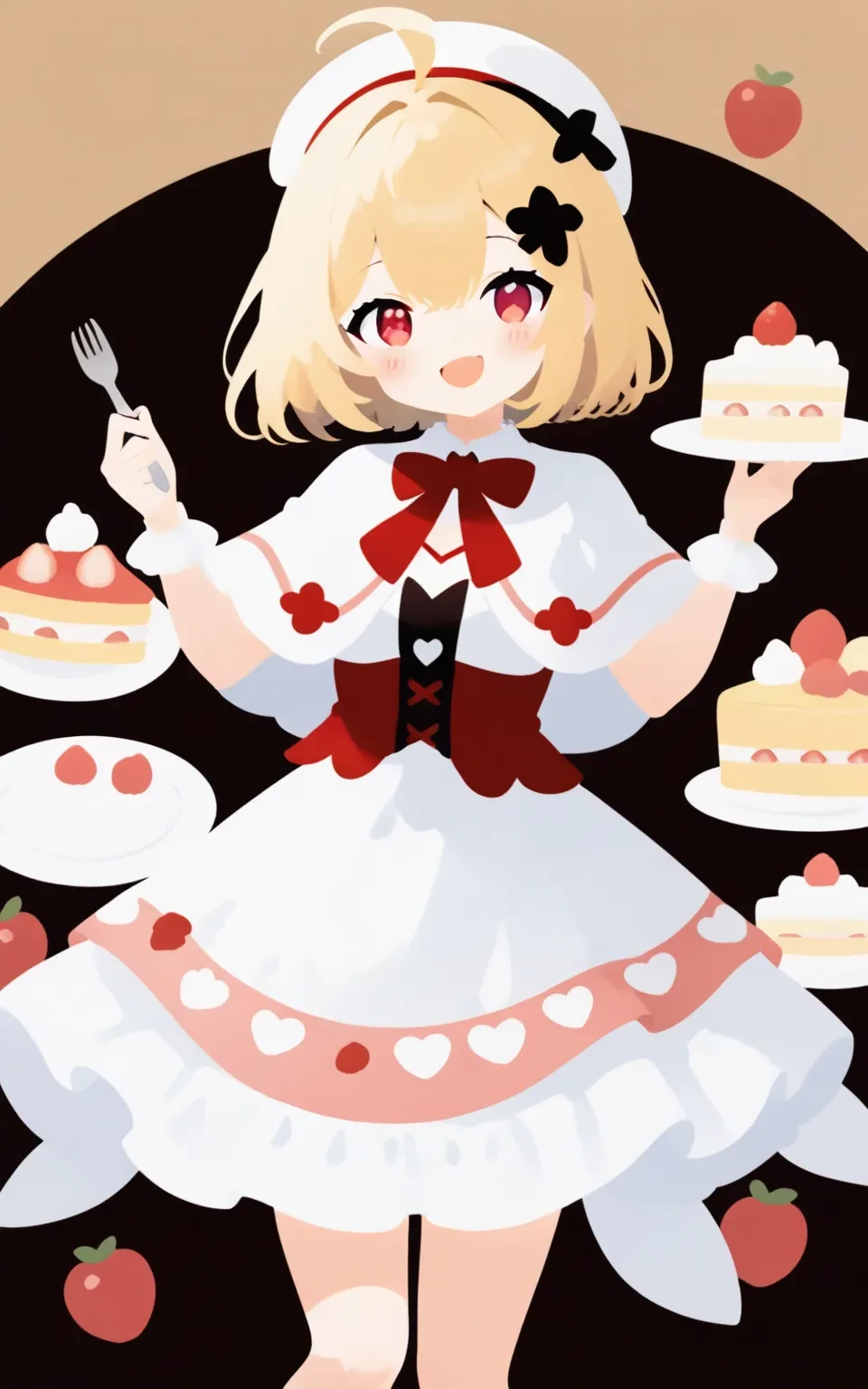 Masterpiece, best quality, high quality, ultra detailed, Girl standing on roller skates, with a tray in one hand, dim sum on the tray, black cheongsam, ((cleavage cutout)), ((heart cutout)), big twin-tails hair, small breasts, cleavage, looking at viewer, smile, :p