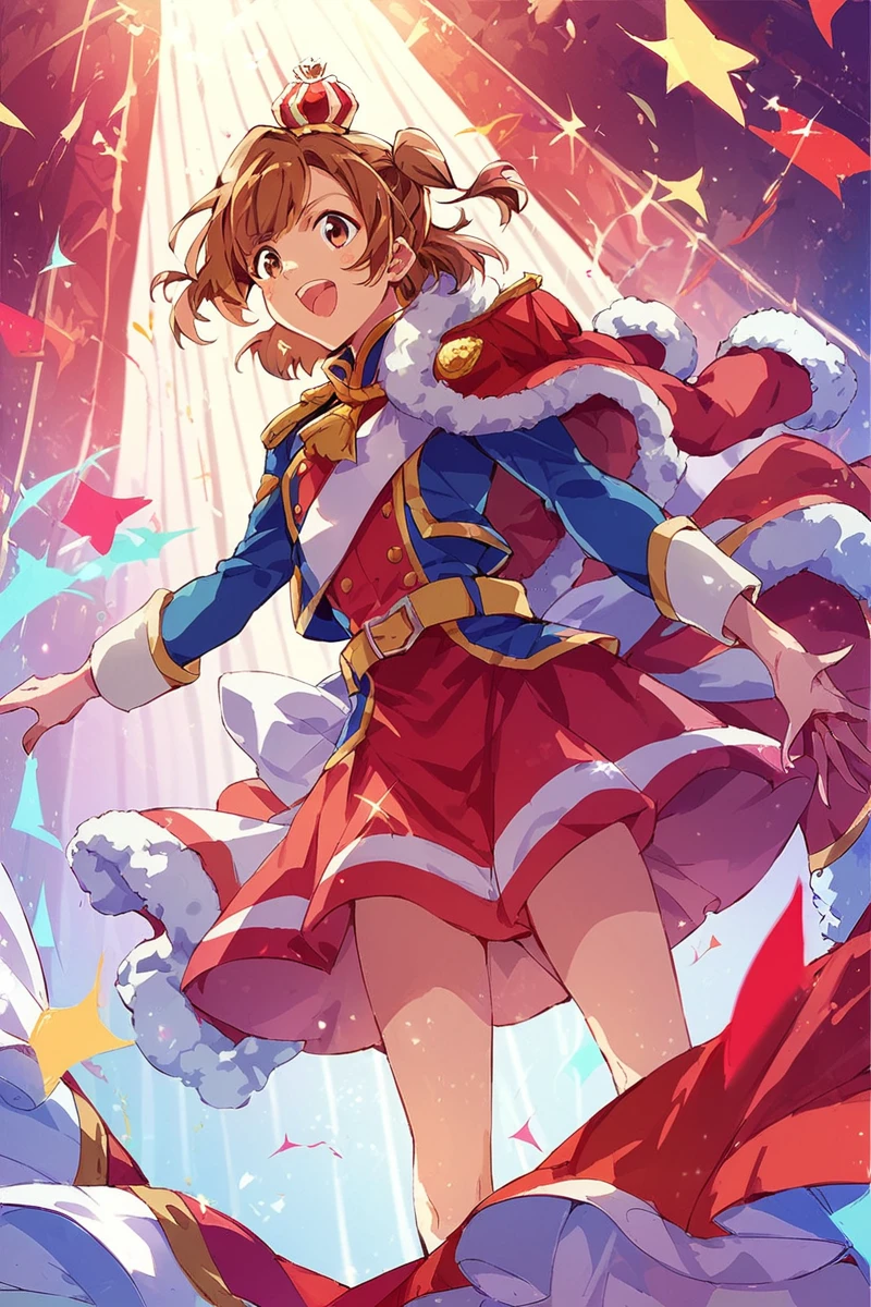 score_9, score_8_up, score_7_up, score_6_up, 1girl,
 <lora:Karen_Aijo:0.9> karen, brown hair, stage outfit, mini crown, jacket on shoulder, red skirt, color lights,