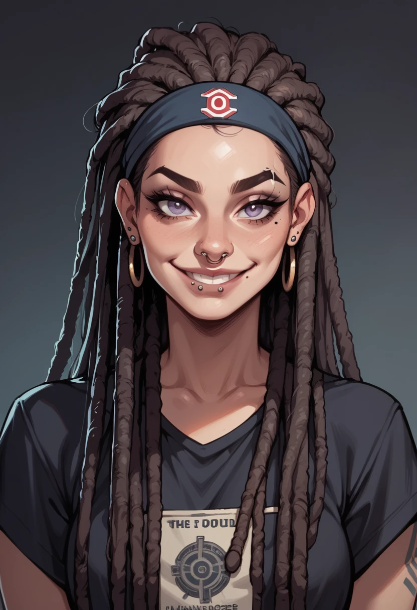 score_9, score_8_up, score_7_up, score_6_up, hud_dr3adlocks, 1girl, solo, piercing, long hair, looking at viewer, lip piercing, headband, mole, smile, nose piercing, dreadlocks, <lora:dr3ads-000008:0.7>,