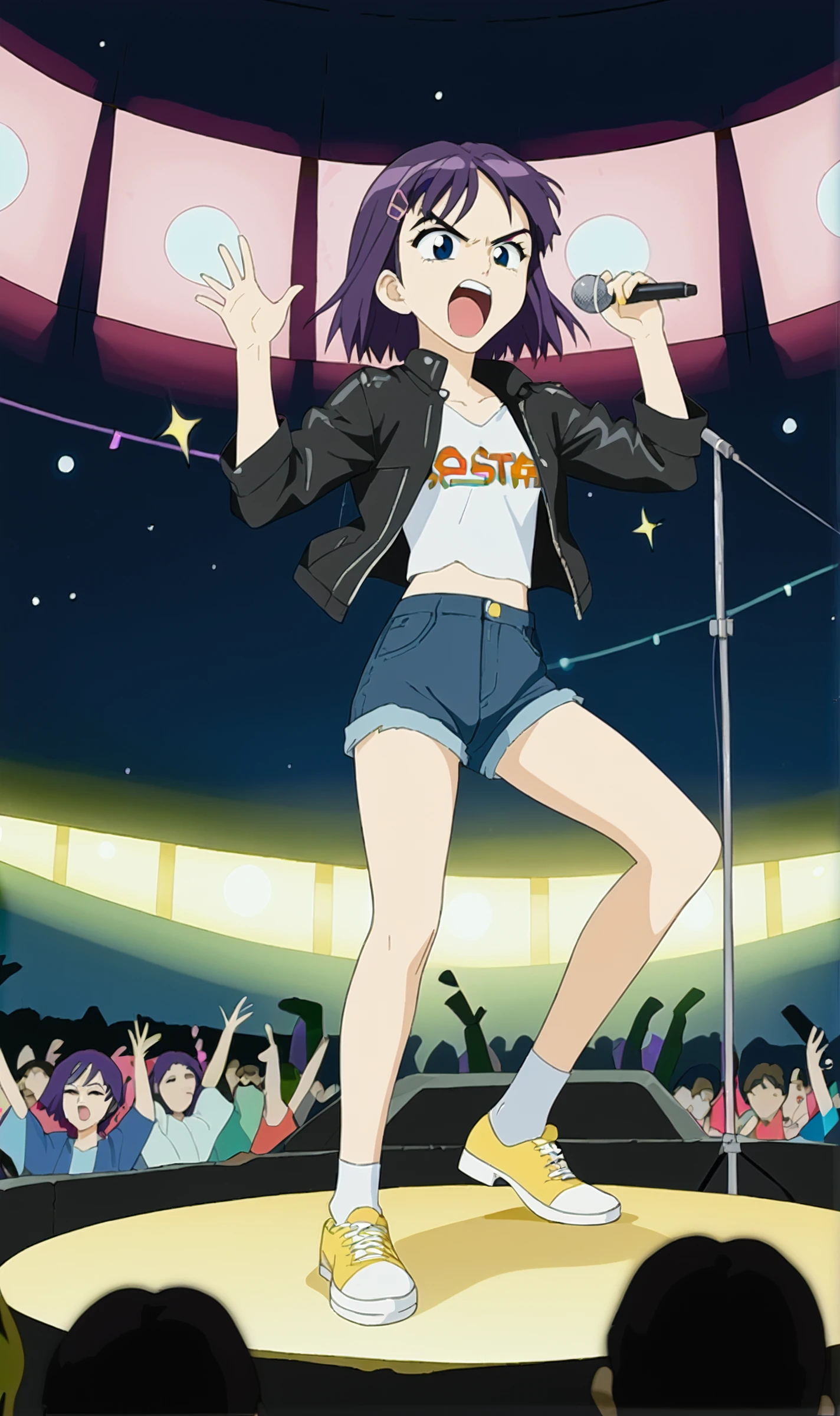 EN, 1girl, solo, retro artstyle, purple hair, blue eyes, short hair, hair clip, singing, leather jacket, rock star, concert, angry, shouting, sunglasses, sparkles, holding microphone, spotlight on subject, full body, crowd, multicolored beam lights, <lora:Eri Ninamori Pony XL:0.8>