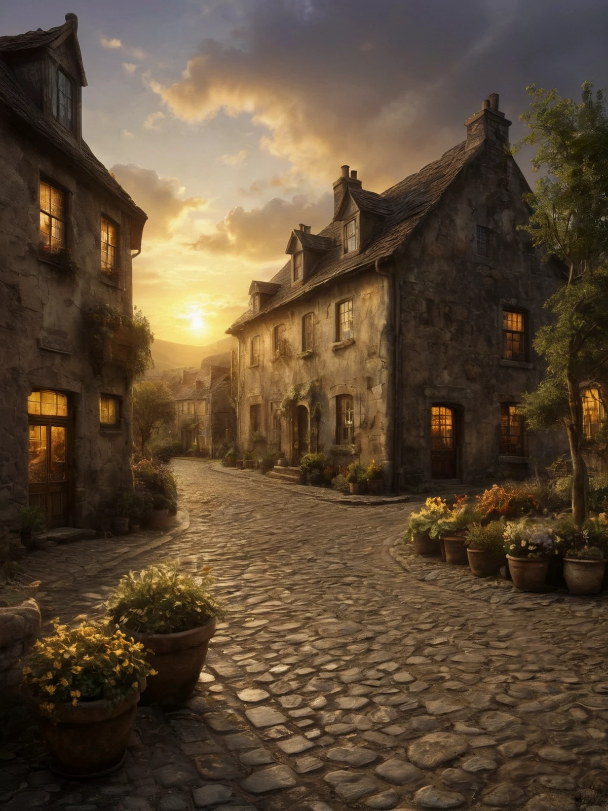 A rustic city. A meandering cobblestone street. Trees. Potted plants. Sunset.

<lora:AntiqueGolden01_CE_SDXL:0.6>
