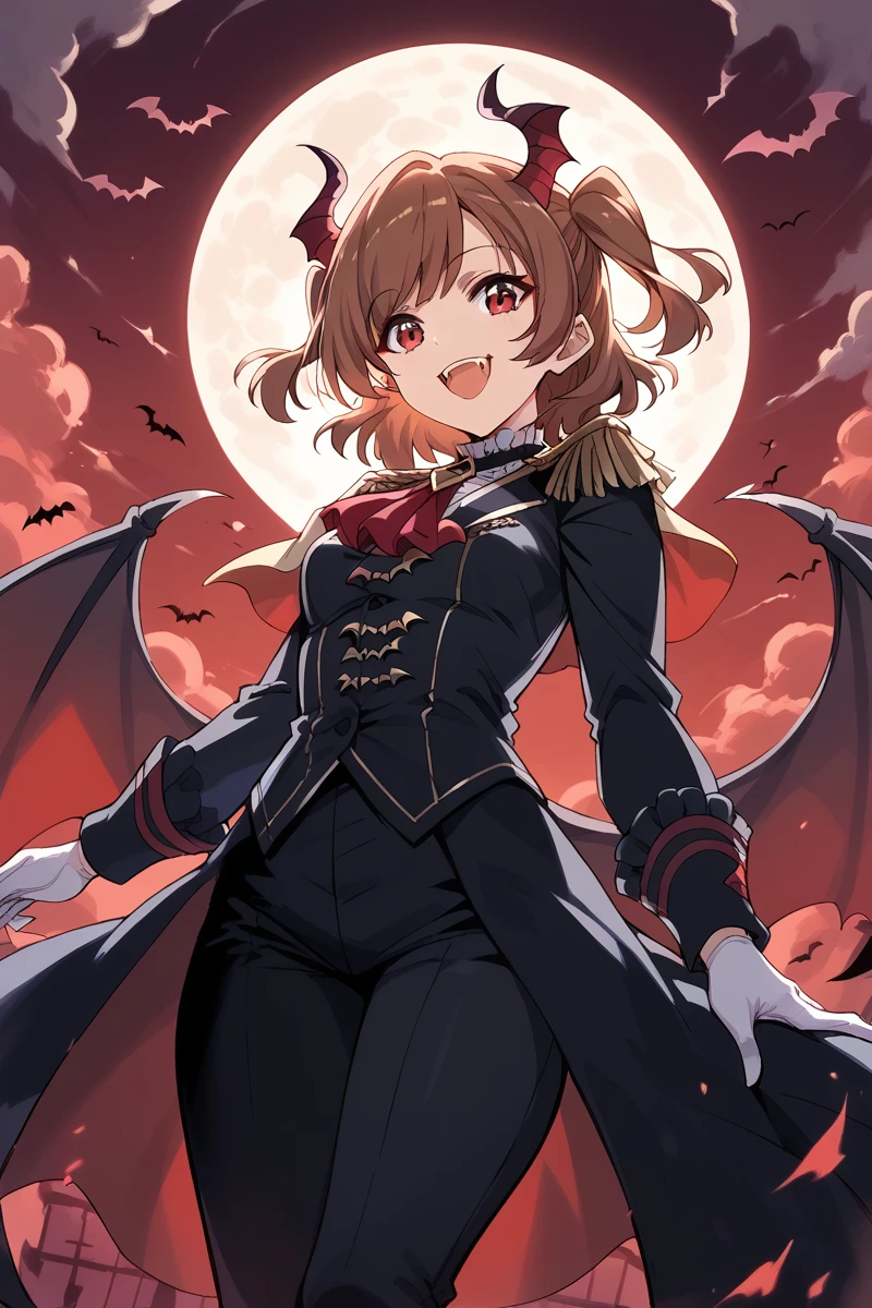 score_9, score_8_up, score_7_up, score_6_up, 1girl,
 <lora:Karen_Aijo:0.9> karen, brown hair, red moon, wings, moon, solo, gloves, open mouth, two side up, white gloves, bat (animal), pants, looking at viewer, horns, evil smile, long sleeves, backlighting, epaulettes, ascot, vampire, black top, gothic,