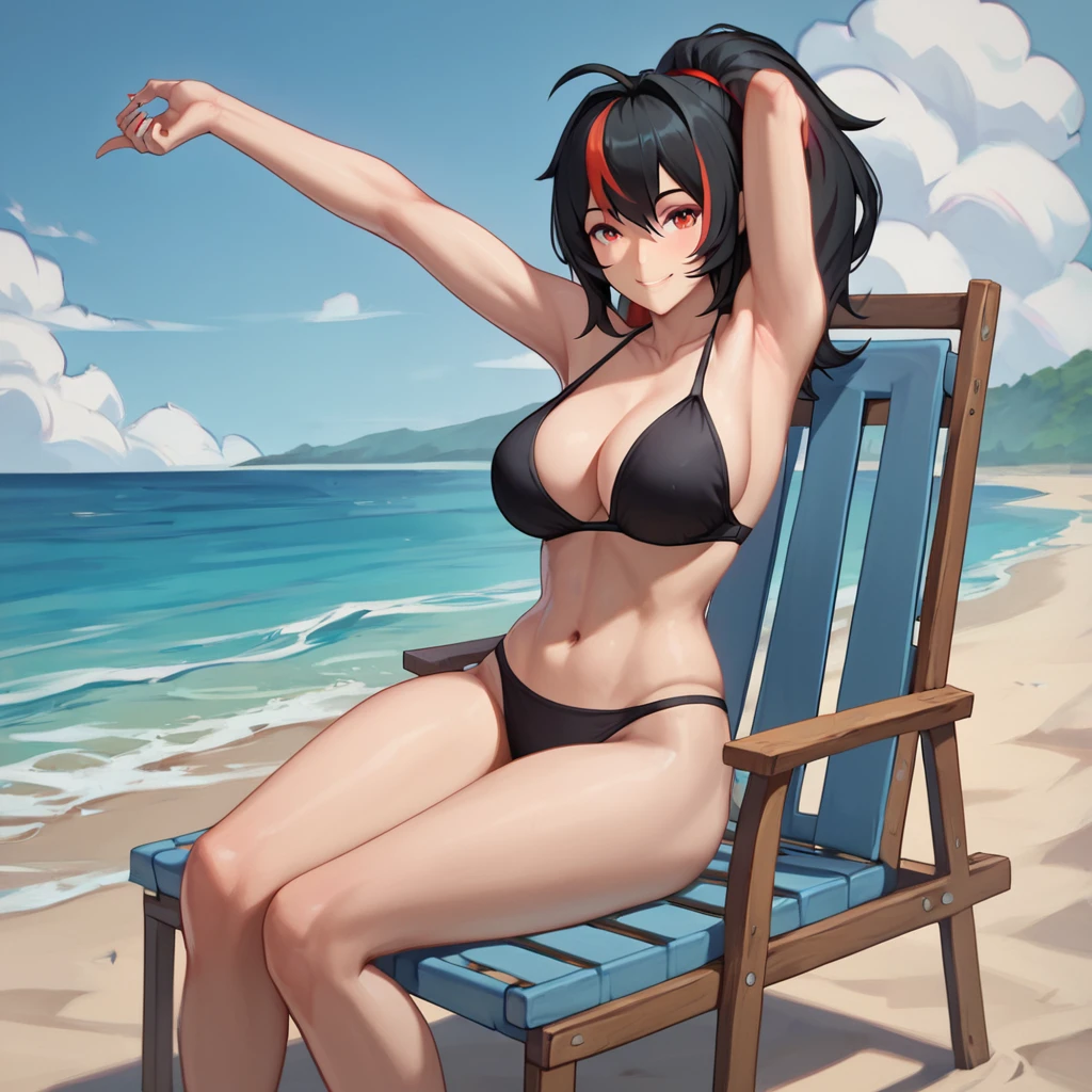 score_10, score_9, score_8_up, score_7_up, best quality, master piece, zPDXL2,  <lora:Zhu_Yuan_ZZZ:0.8> Zhu Yuan, black hair, high ponytail, large breasts, smile, 1 girl, solo, looking at viewer, black bikini, outdoors, beach, sitting, beach chair, arms up, stretching, bent leg, cleavage, bare arms, no headwear, no earrings, no headdress,