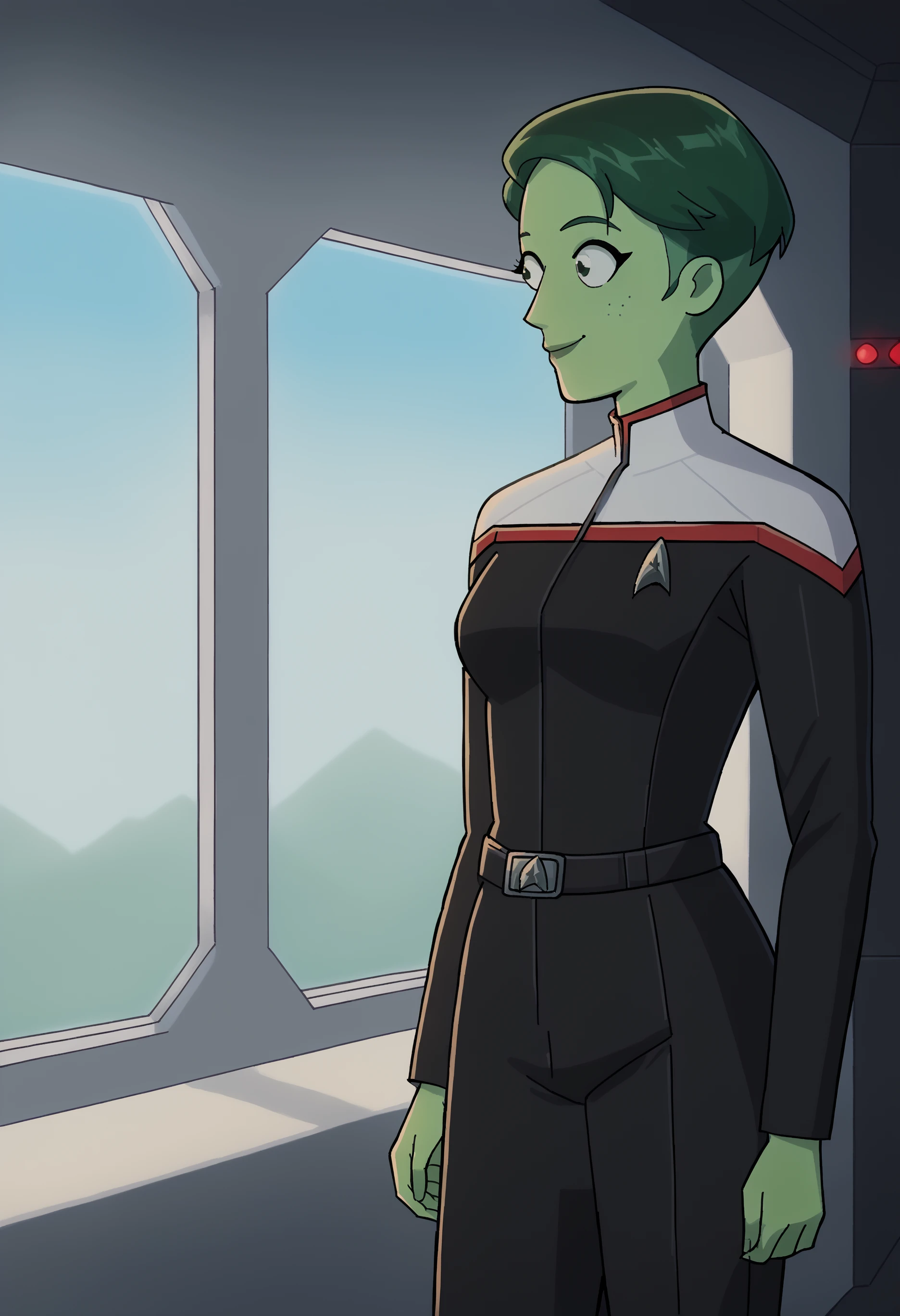 core_9, score_8_up, score_7_up, score_6_up, Tendi, 1girl, solo, green skin, short hair,green hair, smiling, <lora:Tendi_-_Star_Trek_Lower_Decks:1.0>
,scenery,space station,corridor,sreen,lcd,glowing,shiny,lever,switch,glass,window,happy,
stoddunf,star trek uniform,black jumpsuit,white shoulders
,<lora:STOdysPony>