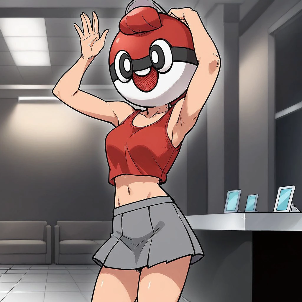 score_7_up, score_8_up, official art,
BREAK, 
1girl, solo, red tank top, grey skirt, midriff, pokeball helmet, arms up, waving, indoors,